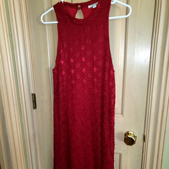 Francesca's Collections Dresses & Skirts - Francesca Misses M red Burgundy dress lace overlay embroidery stitched Christmas